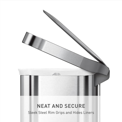 Simplehuman brushed stainless steel pedal highlights durability and long-lasting performance.