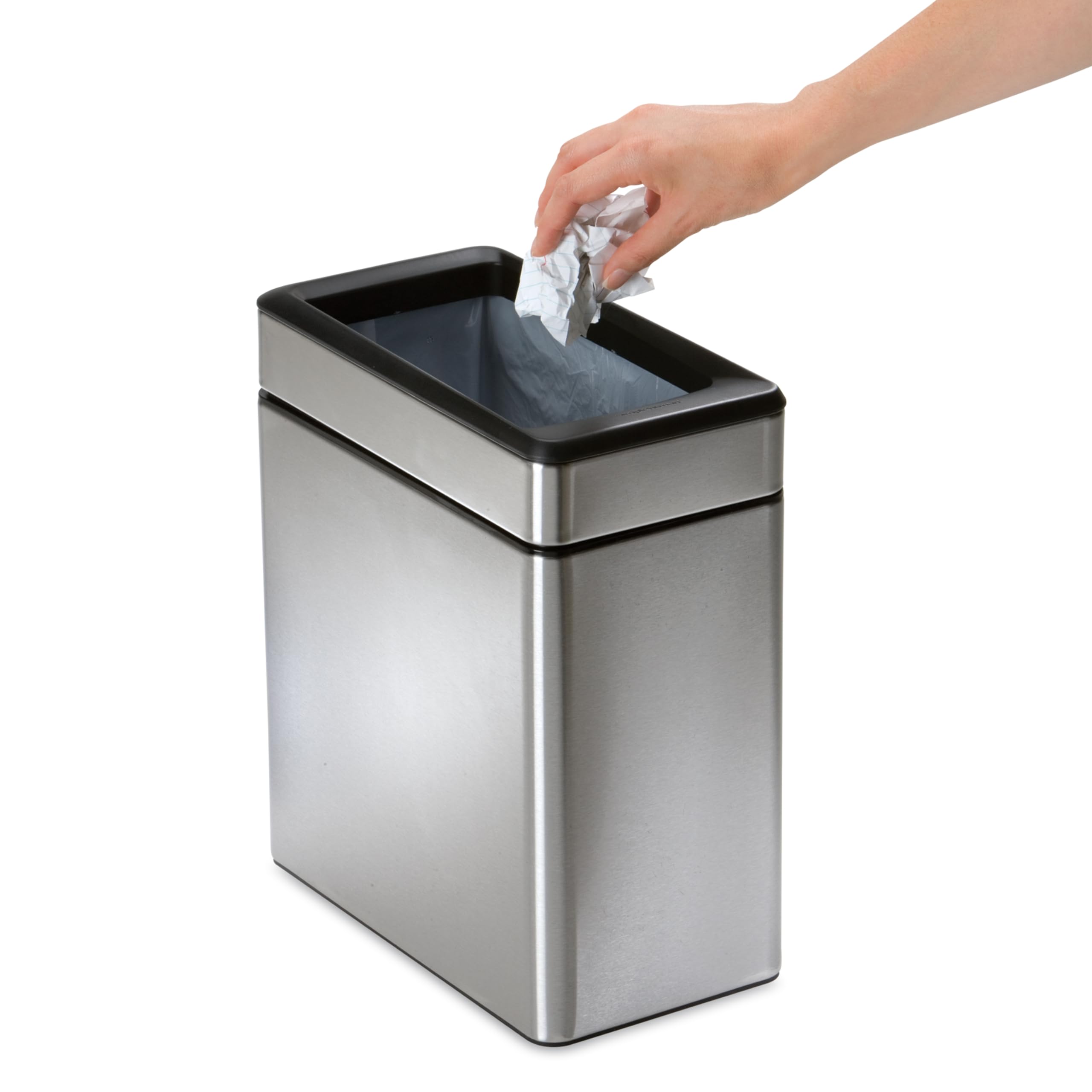 Simplehuman compact trash bin in brushed stainless supports a neat setup.