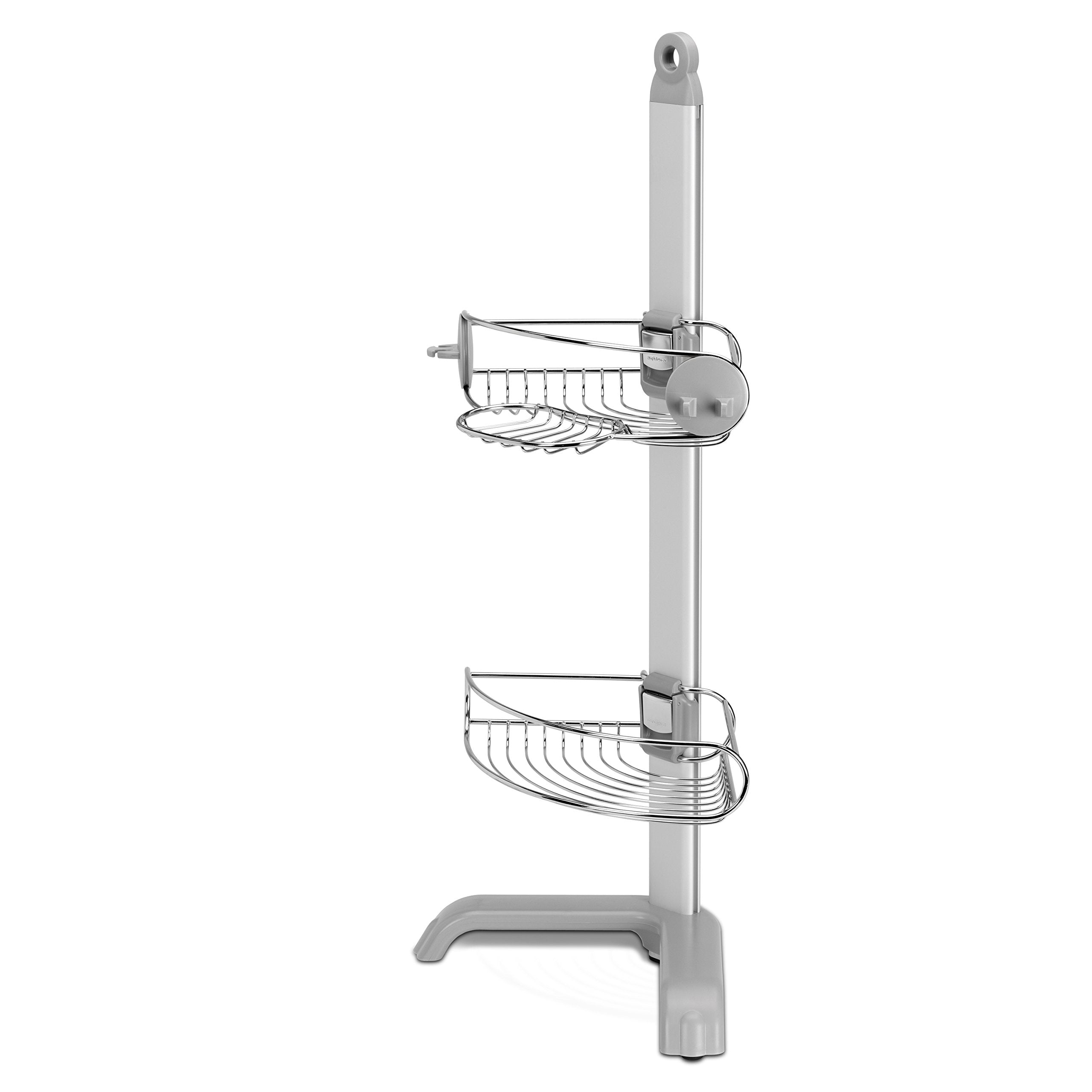 simplehuman corner shower caddy includes soap dish and hooks for clutter-free storage.