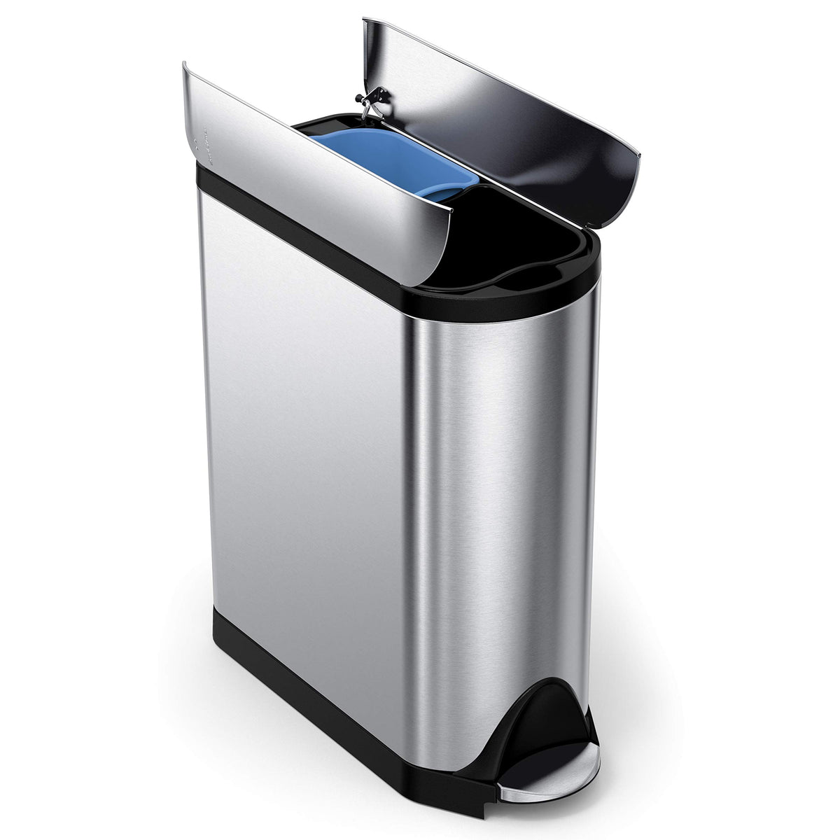 simplehuman dual‑compartment butterfly lid trash can for organized recycling in the kitchen
