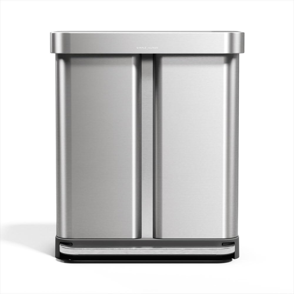 Simplehuman dual-compartment trash can with liner pocket for quick liner changes.