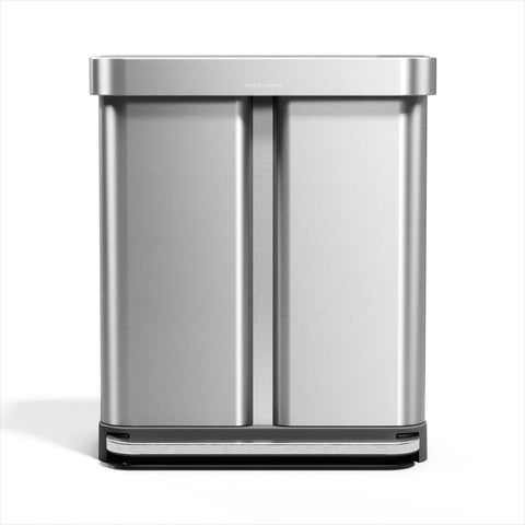 Simplehuman dual-compartment trash can with liner pocket for quick liner changes.