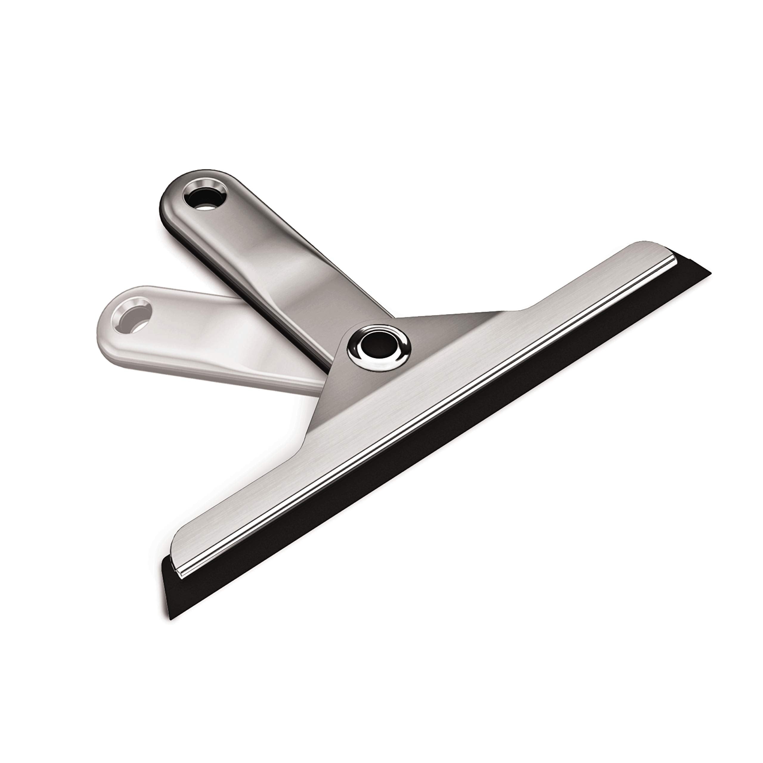 simplehuman fold-away squeegee blade angled for precise streak-free cleaning on glass.