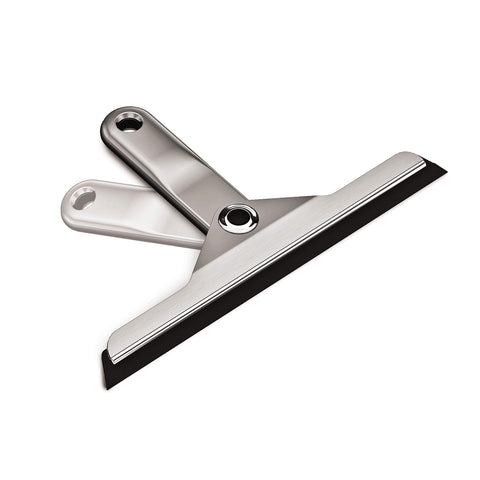 simplehuman fold-away squeegee blade angled for precise streak-free cleaning on glass.