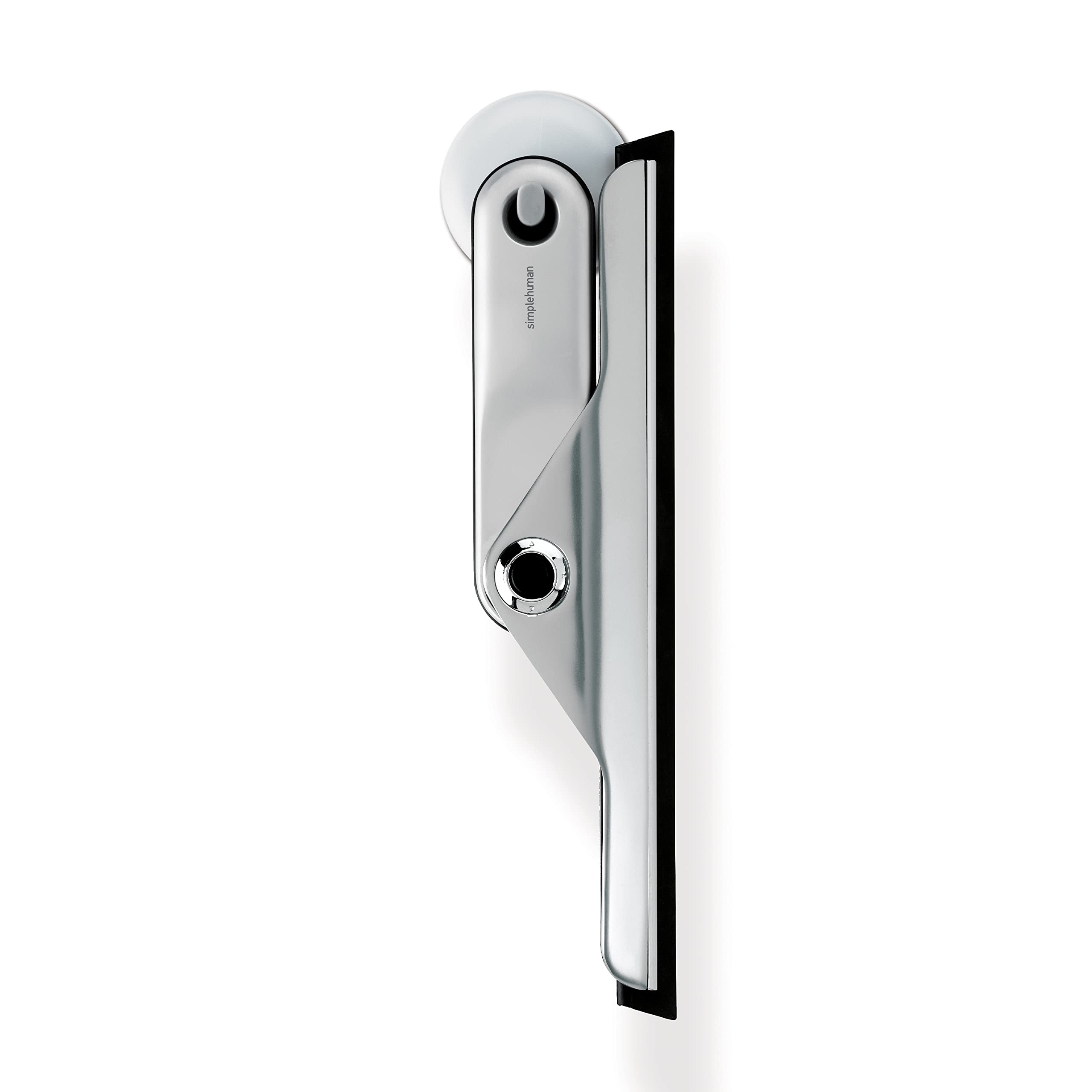 simplehuman fold-away squeegee with suction cup for versatile wall storage.