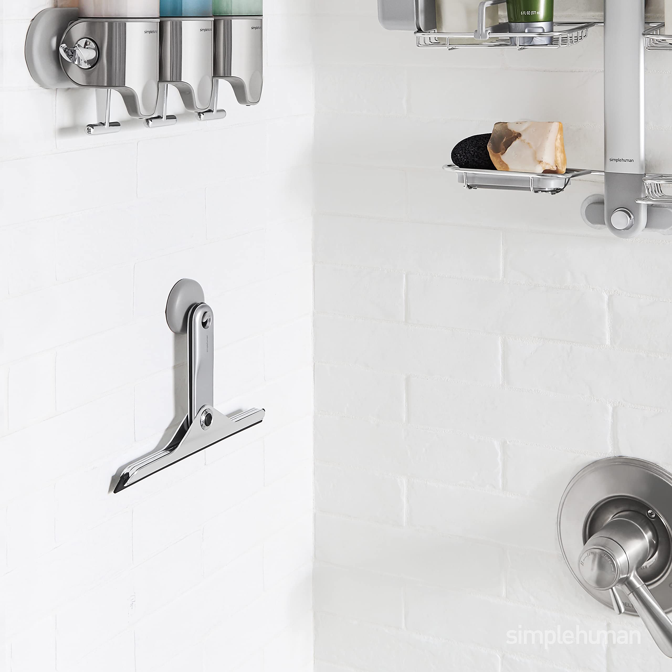 simplehuman fold-away squeegee weighted handle provides stable, smooth glides.