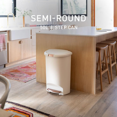 simplehuman hybrid semi-round trash can saves space in compact kitchens