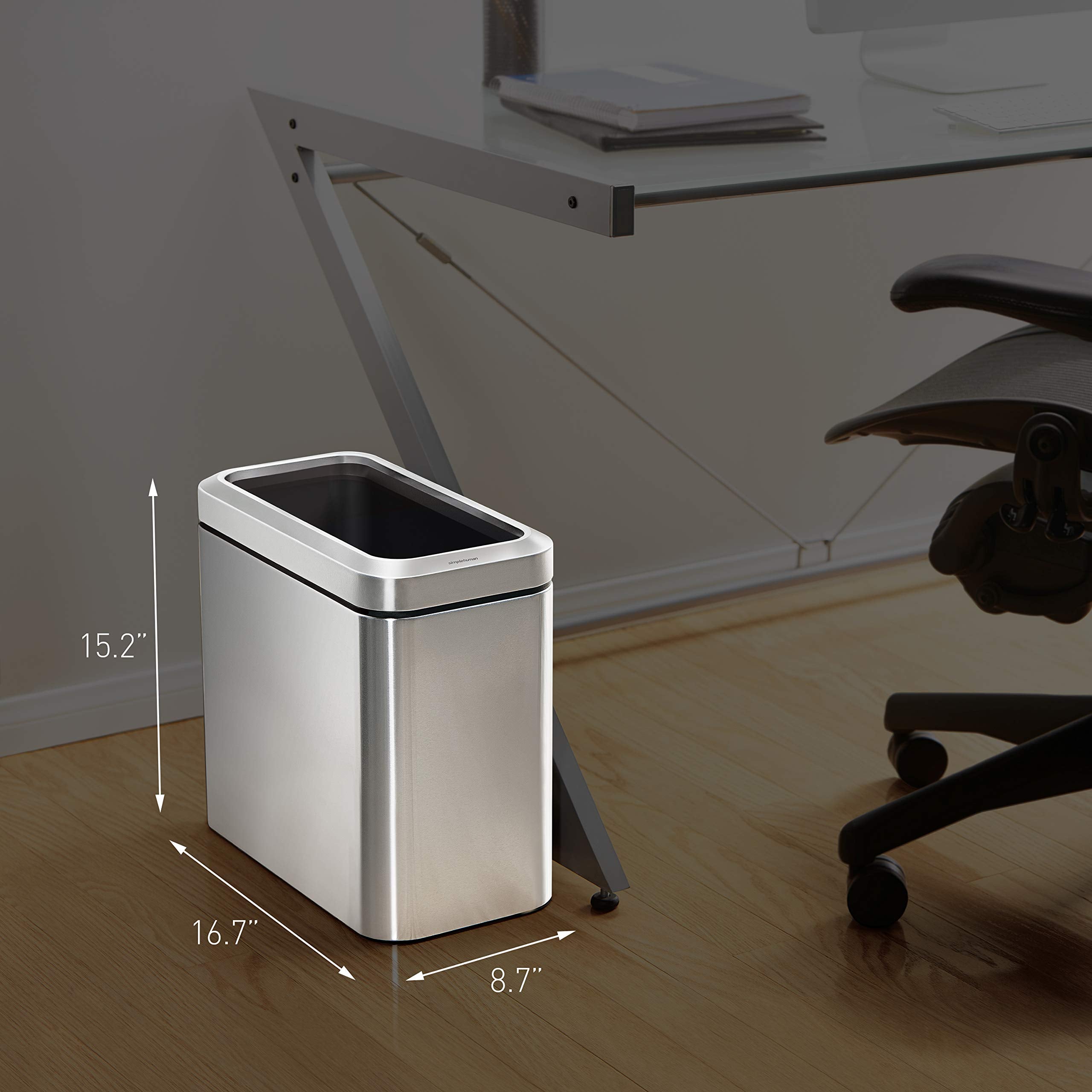 Interior plastic bucket in Simplehuman can shows easy-to-clean design.