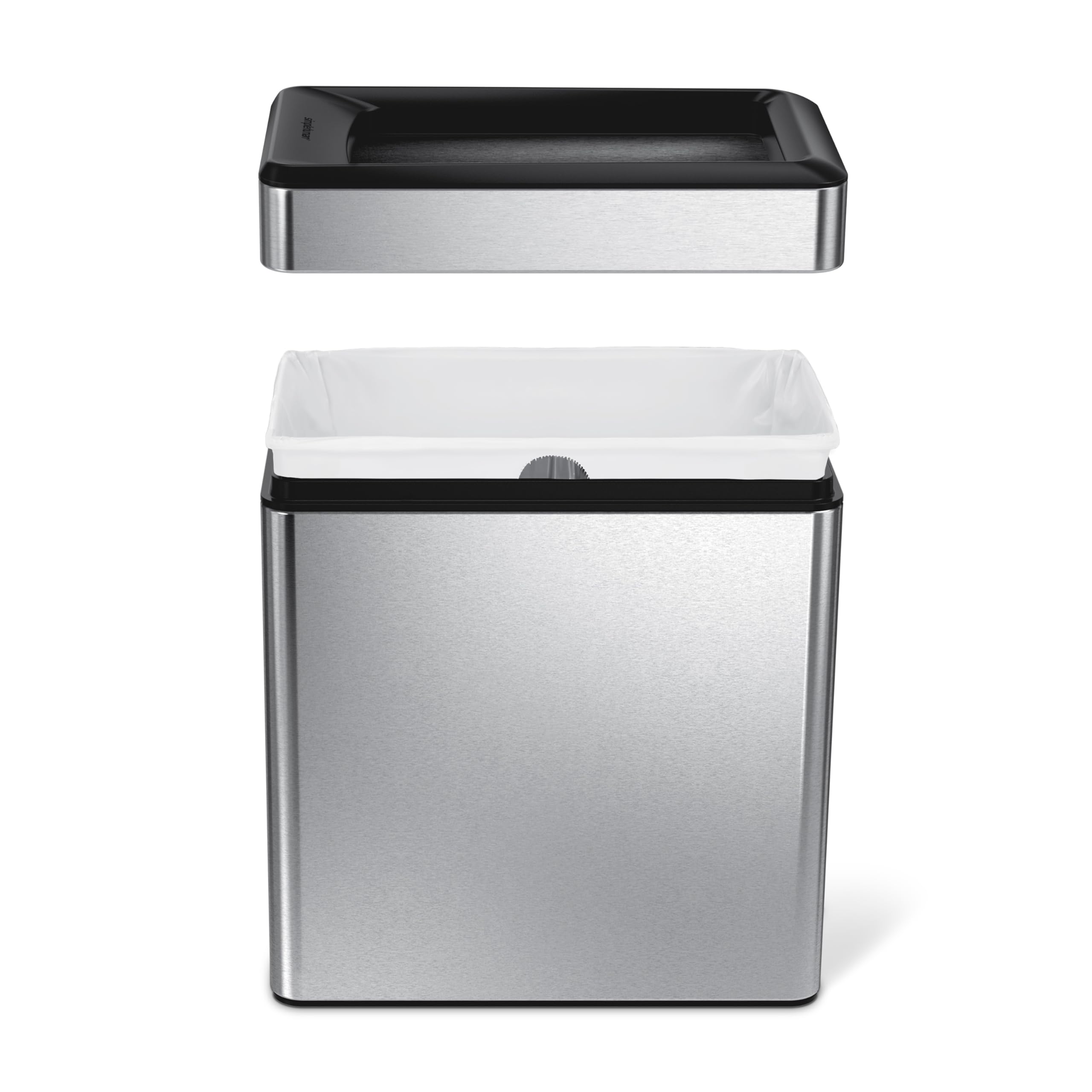 Simplehuman lift-off lid enables quick bag changes in tight spaces.
