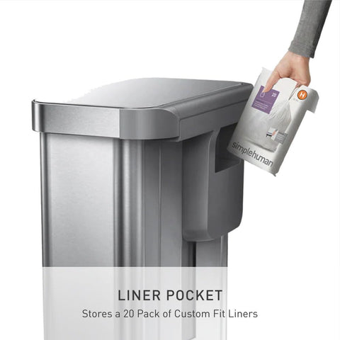 Simplehuman liner pocket dispenses liners from inside the can.