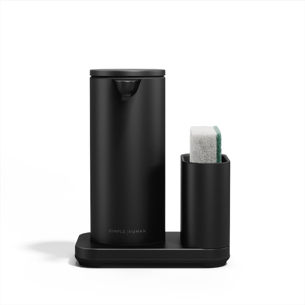 Simplehuman liquid sensor pump in front view with caddy offers touchless soap dispensing.