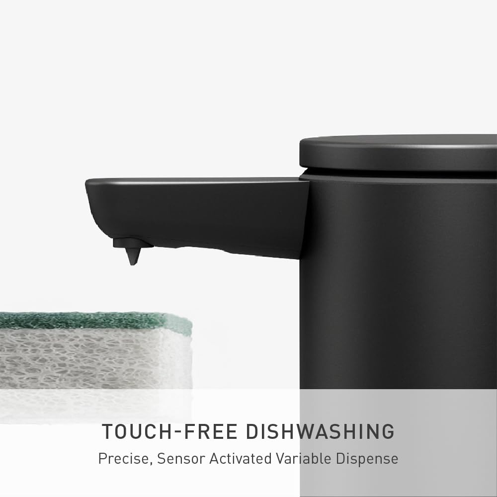 Simplehuman caddy with sponge demonstrates organized sink and easy sponge access.
