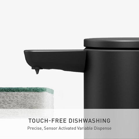 Simplehuman caddy with sponge demonstrates organized sink and easy sponge access.