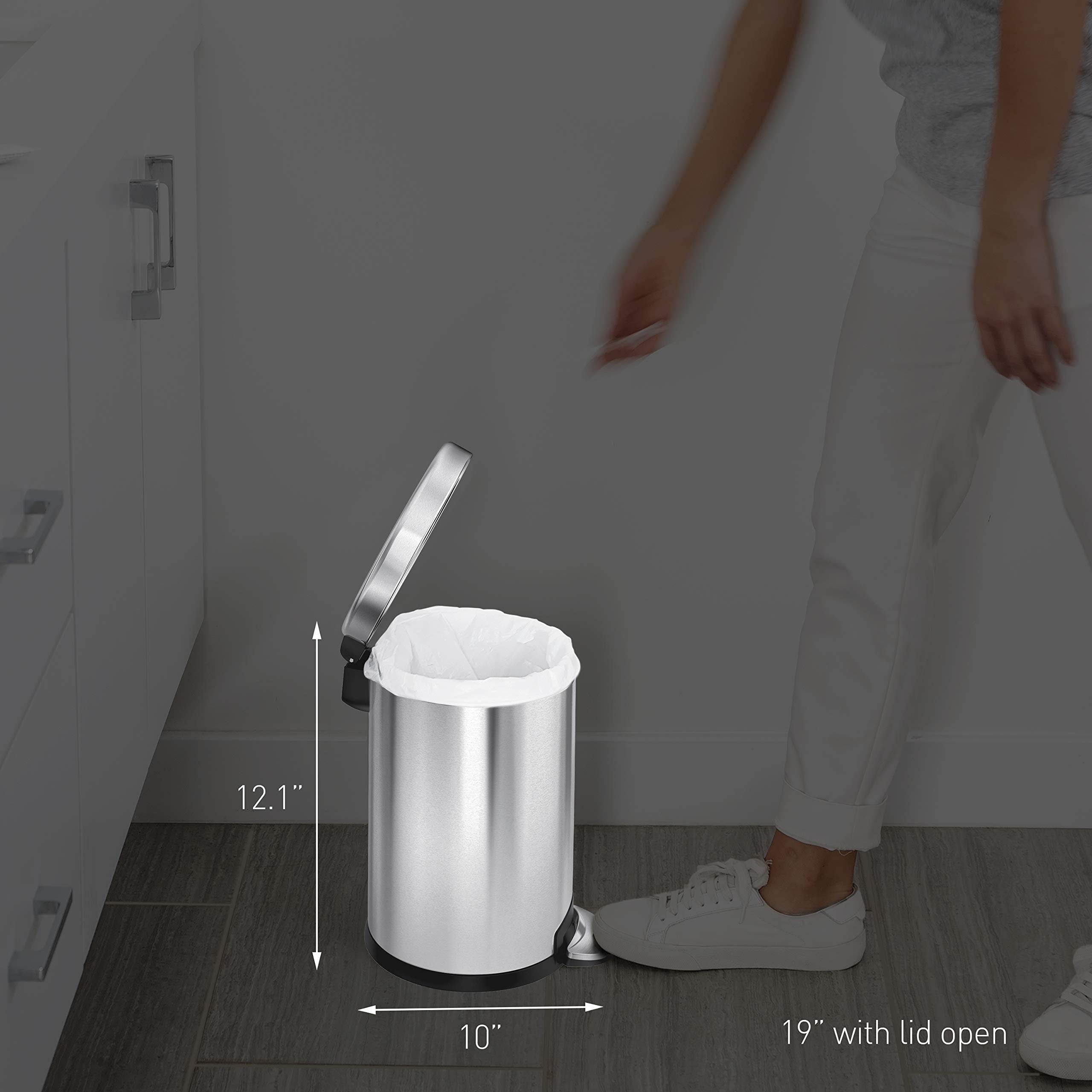simplehuman non-skid base keeps the can steady on smooth bathroom floors.