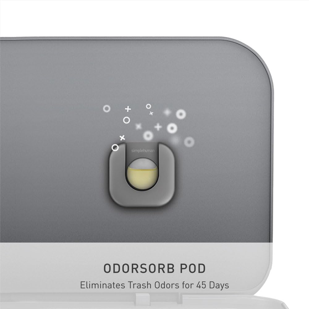 Simplehuman odor-absorbing pod under the lid reduces odors for weeks.