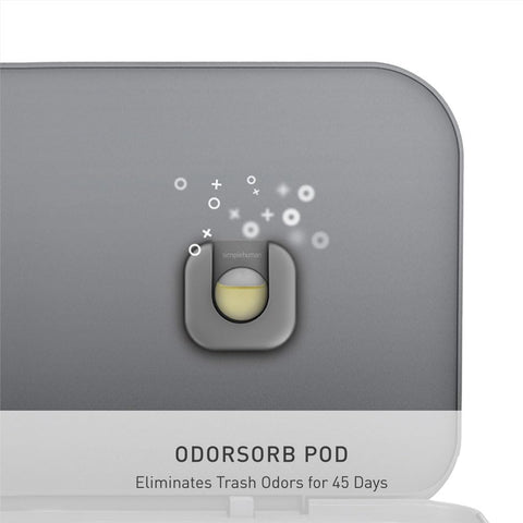 Simplehuman odor-absorbing pod under the lid reduces odors for weeks.