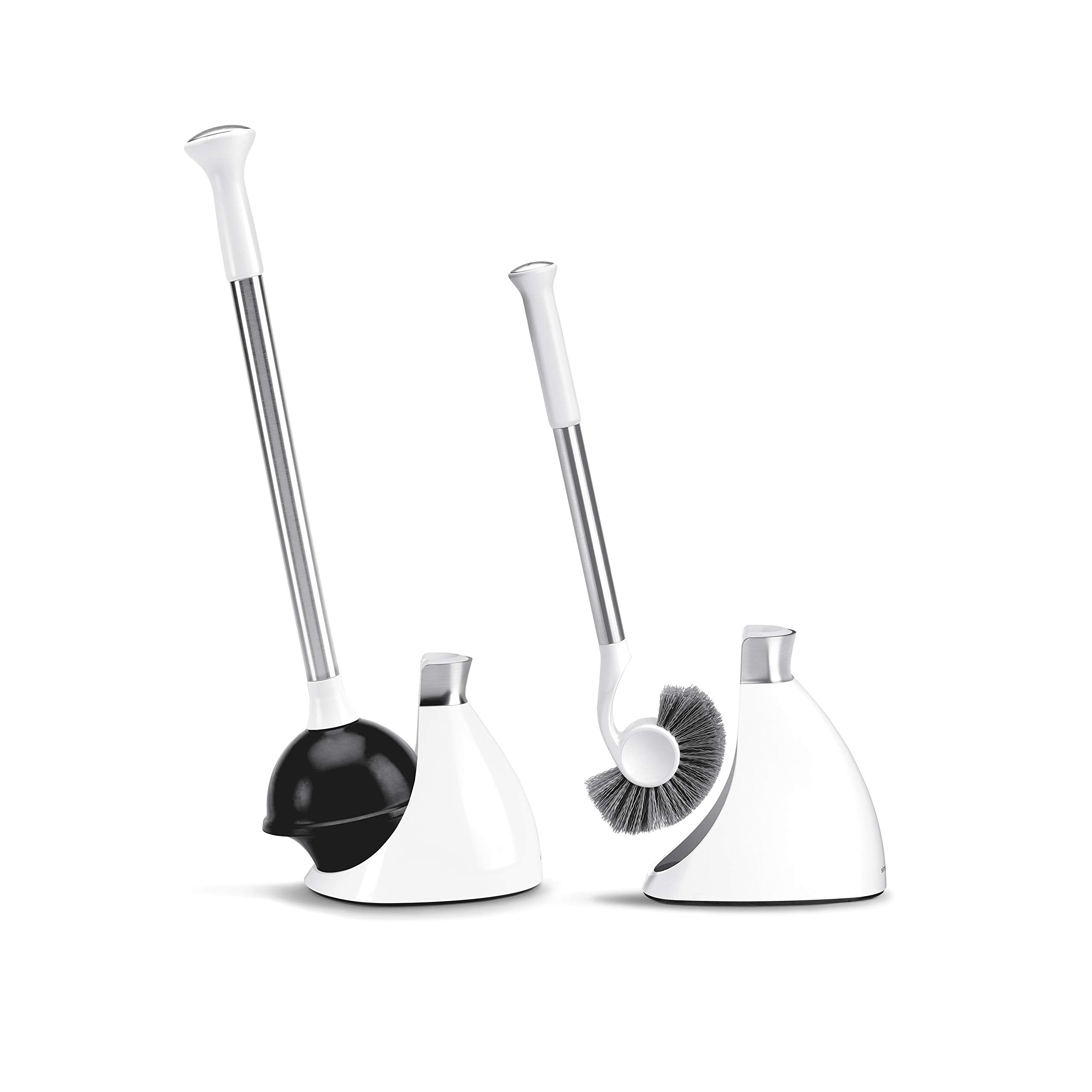 Simplehuman plunger and toilet brush bundle with magnetic collars keeps tools drip-free.