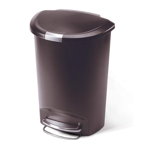simplehuman semi round trash can mocha pedal close demonstrates quiet lid operation for kitchens