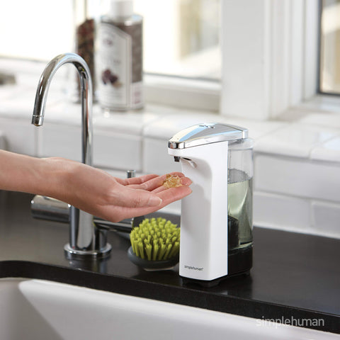 simplehuman sensor pump dispensing soap quickly to keep counters clean