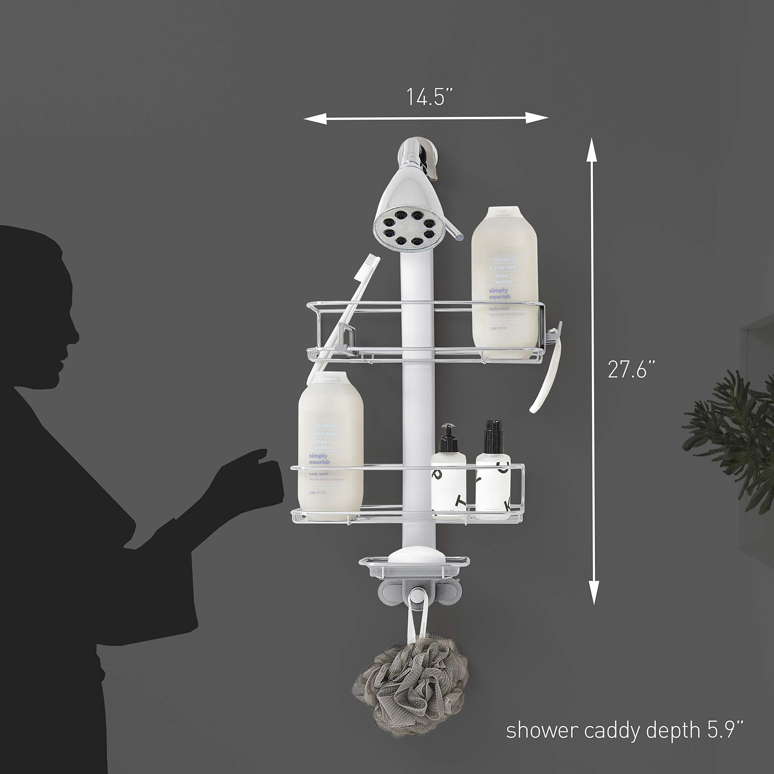 simplehuman shower caddy with rubberized showerhead clamp and pivot cups