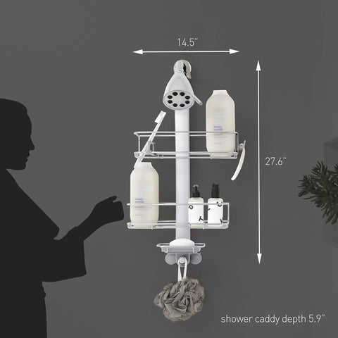 simplehuman shower caddy with rubberized showerhead clamp and pivot cups
