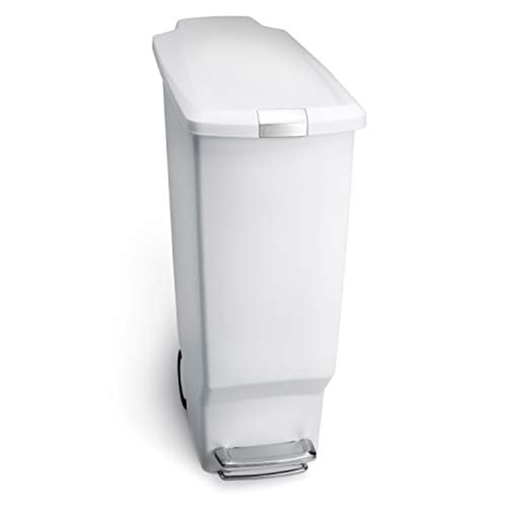 simplehuman slim kitchen trash can 40L fits tight spaces and keeps a neat look.