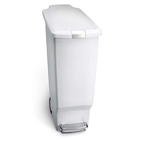 simplehuman slim kitchen trash can 40L fits tight spaces and keeps a neat look.