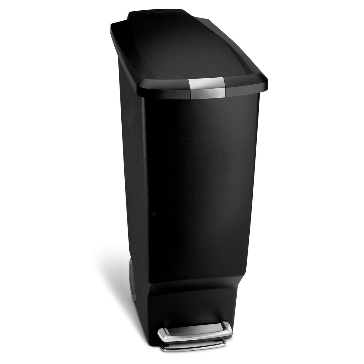 simplehuman slim trash can front view in black, 40l capacity.