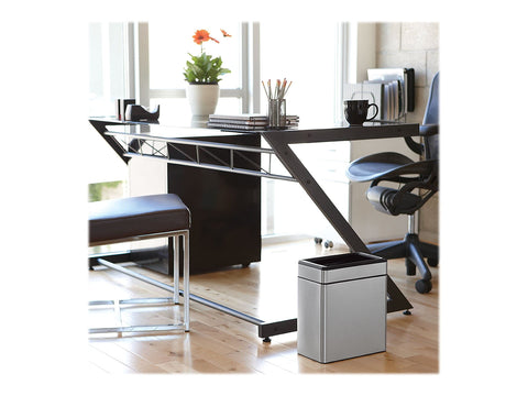 Simplehuman slim trash can fits under desks and in bathrooms for tidy disposal.