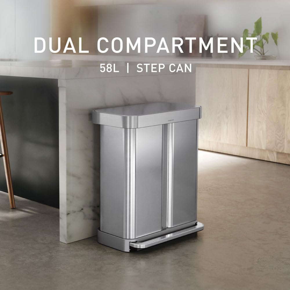 Simplehuman soft-close lid on brushed steel for quiet operation.