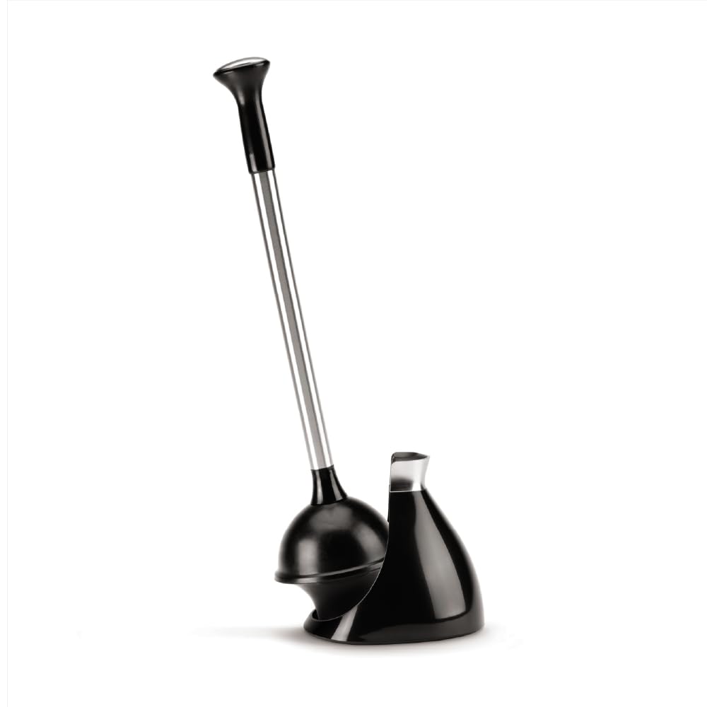 simplehuman toilet plunger with stainless steel caddy keeps bathroom organized and drip-free.