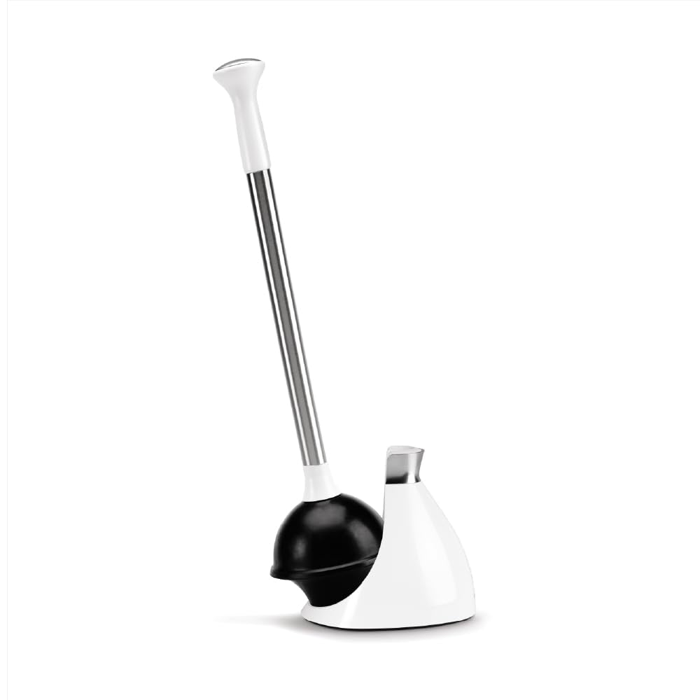 simplehuman toilet plunger and caddy in stainless steel and white with tidy storage.