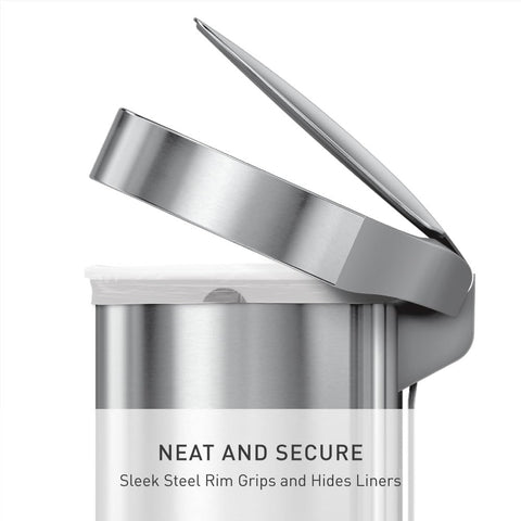 simplehuman trash can pedal close-up highlights durable steel pedal.