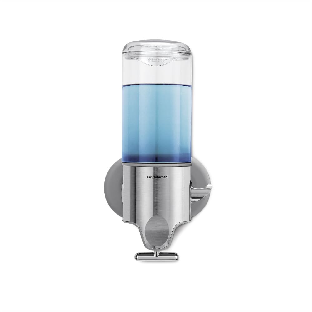 Simplehuman wall mount pumps with 15oz dispenser keeps shower organized and within reach.