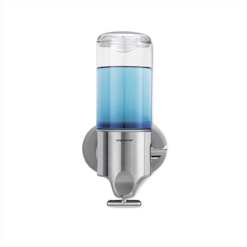 Simplehuman wall mount pumps with 15oz dispenser keeps shower organized and within reach.
