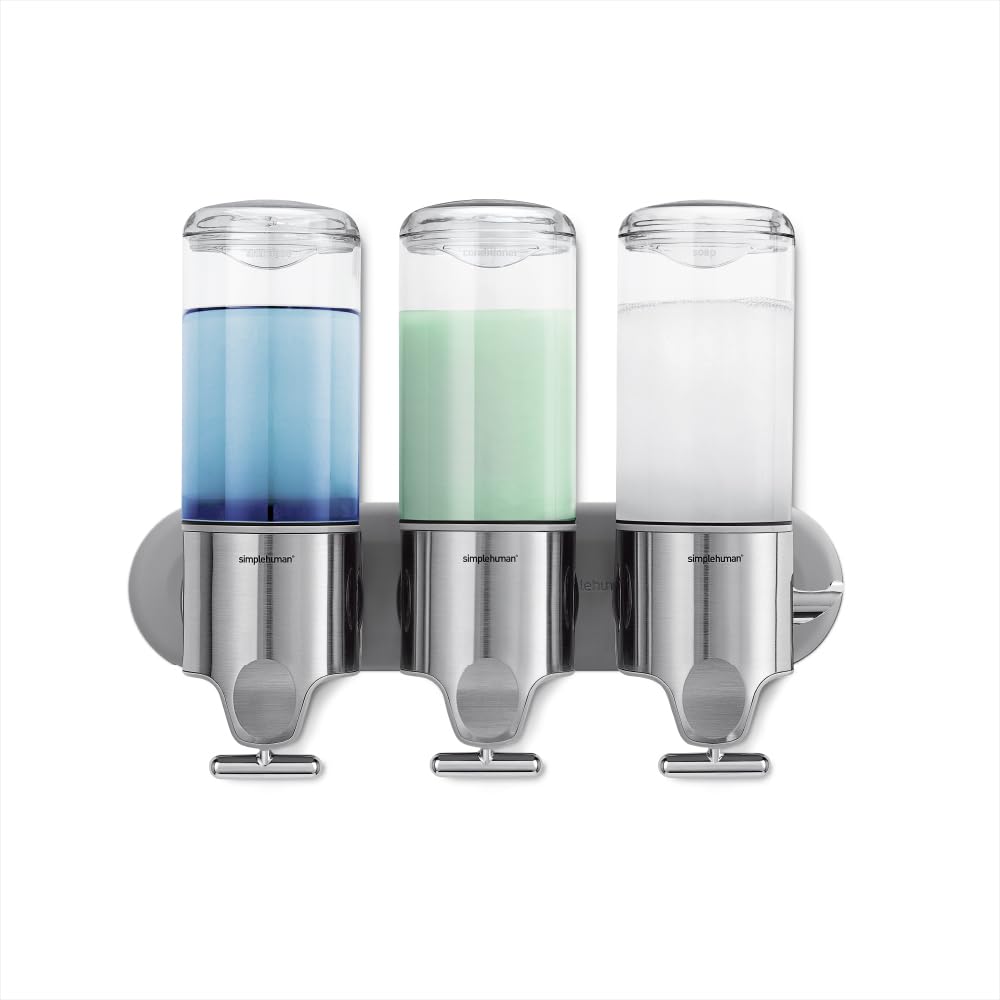 Simplehuman wall-mount pumps with triple 15 oz capacity save shower clutter.