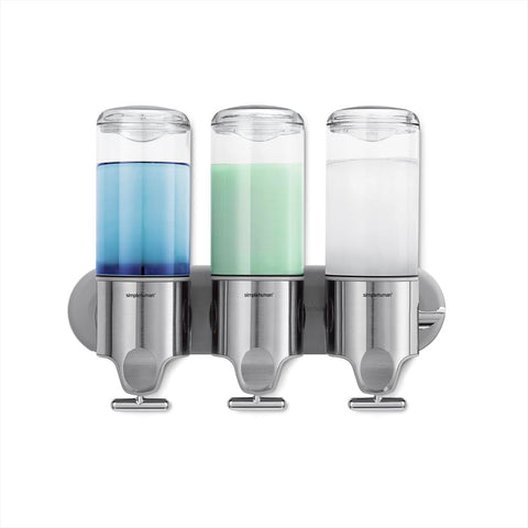 Simplehuman wall-mount pumps with triple 15 oz capacity save shower clutter.