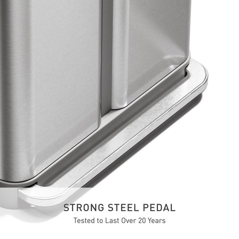 Simplehuman wide steel pedal designed for durability.