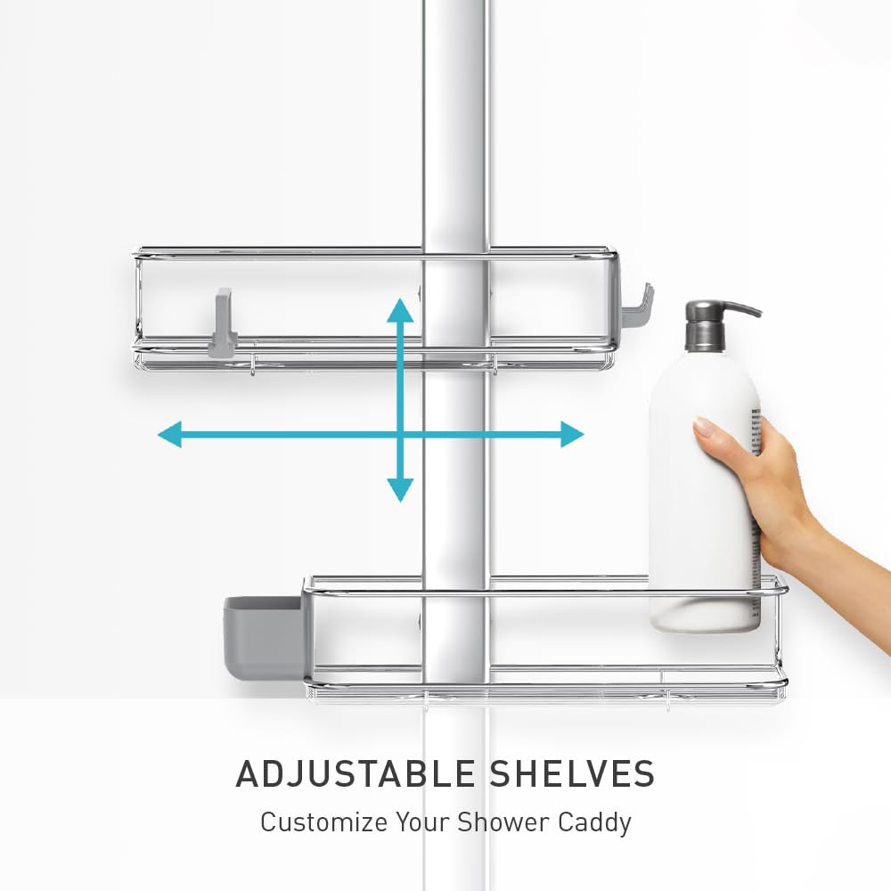 simplehuman XL shower caddy handheld compatibility keeps hoses centered.