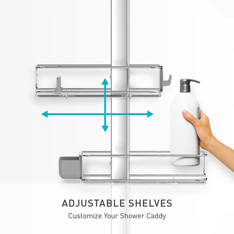 simplehuman XL shower caddy handheld compatibility keeps hoses centered.