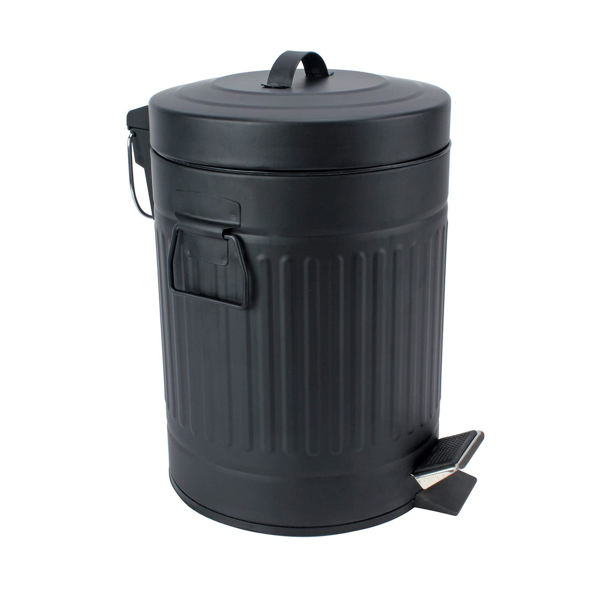 SIMPLEMADE Round Step Trash Can with lid in black for a tidy bathroom space.