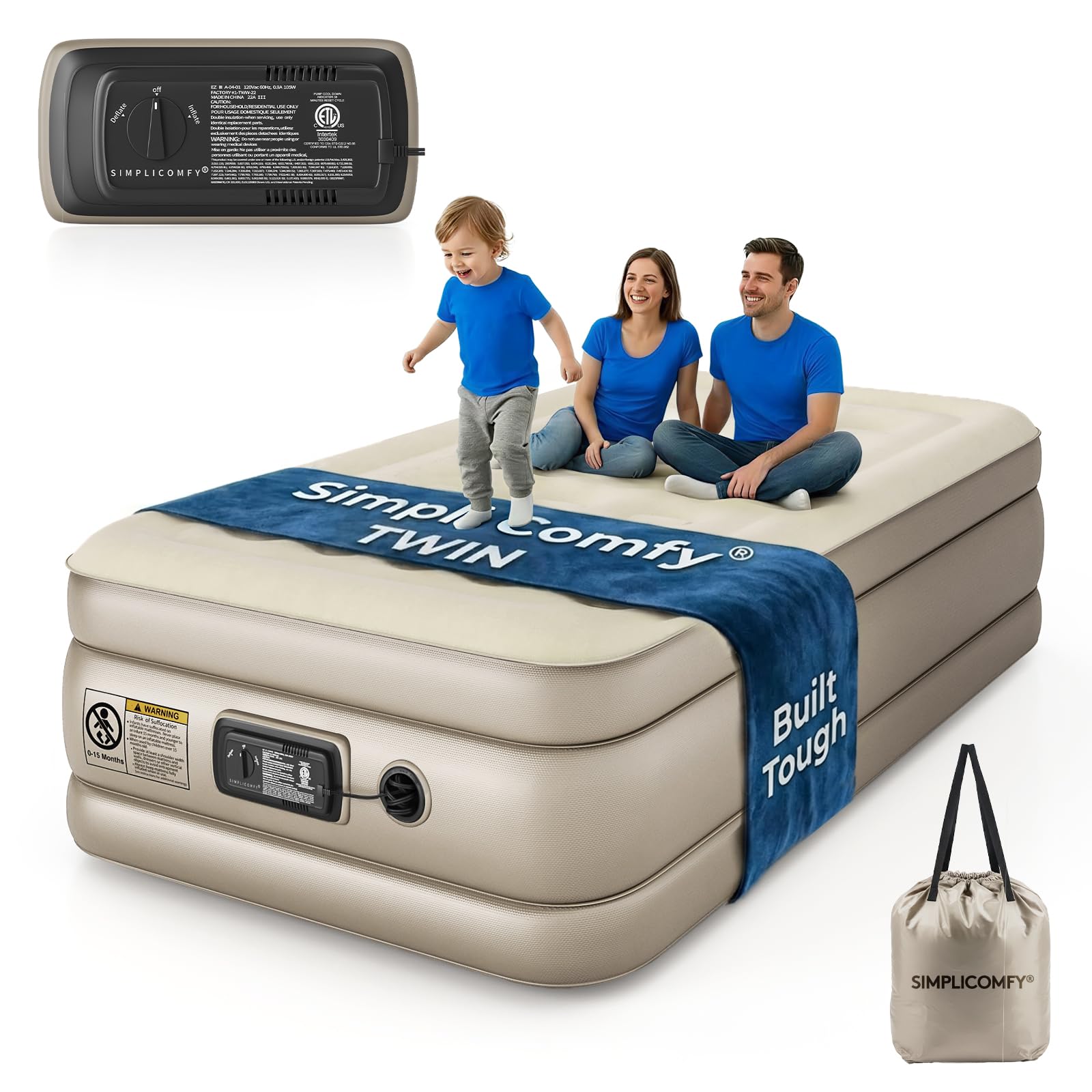 Simpli Comfy 18-inch raised twin mattress with built-in pump for quick setup.