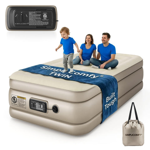Simpli Comfy 18-inch raised twin mattress with built-in pump for quick setup.