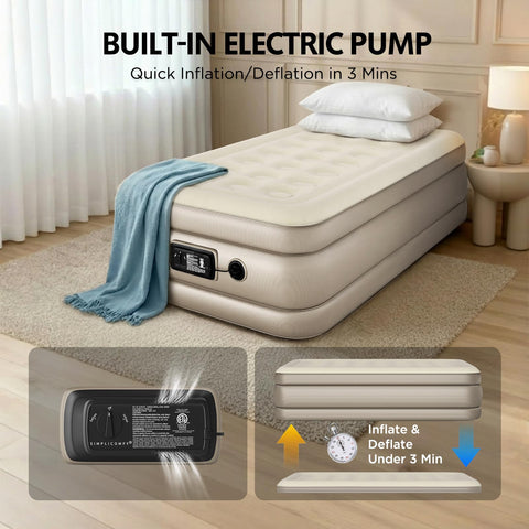 Simpli Comfy built-in pump inflates the mattress quietly and fast.