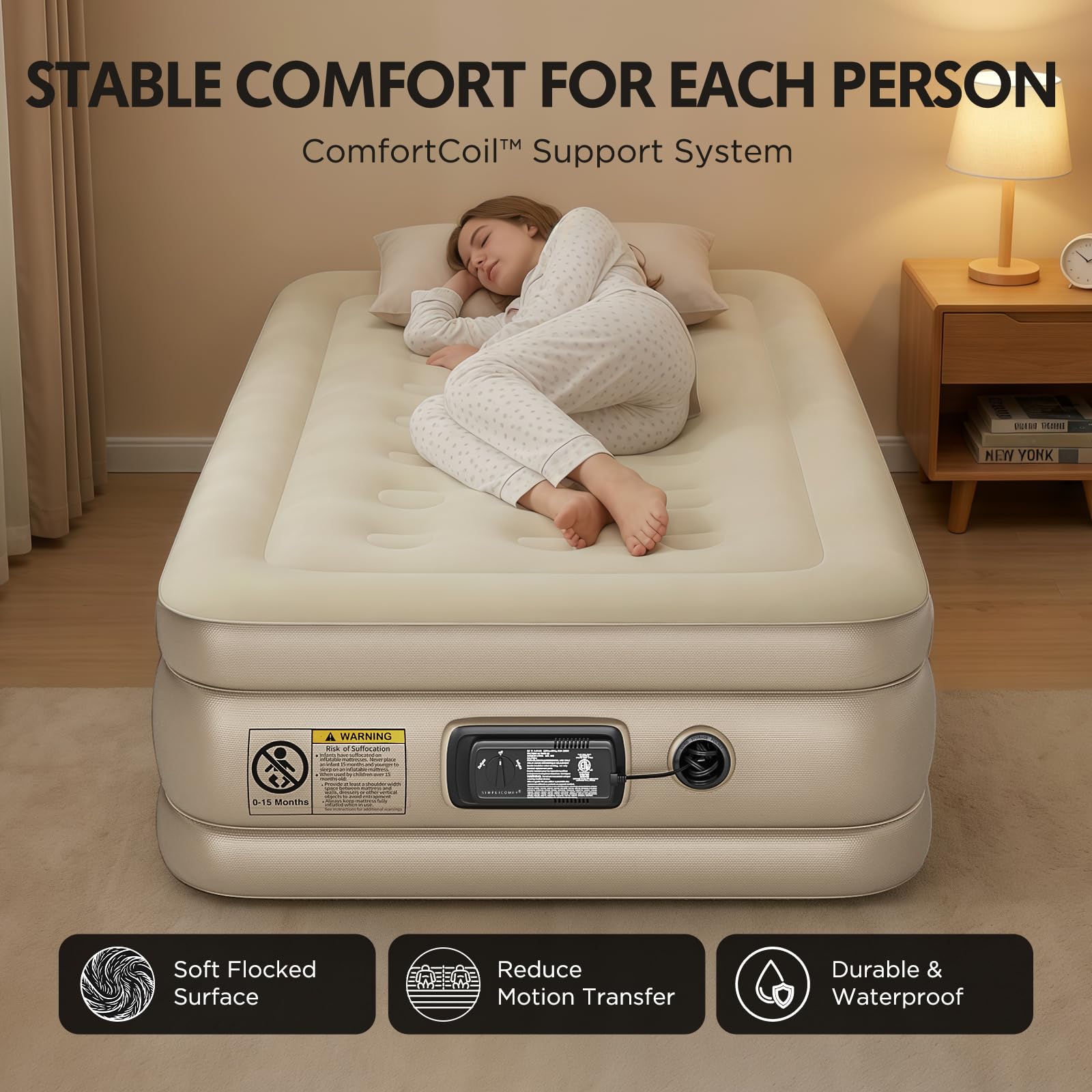 Simpli Comfy waterproof velvet top provides soft, temperature-friendly sleep surface.