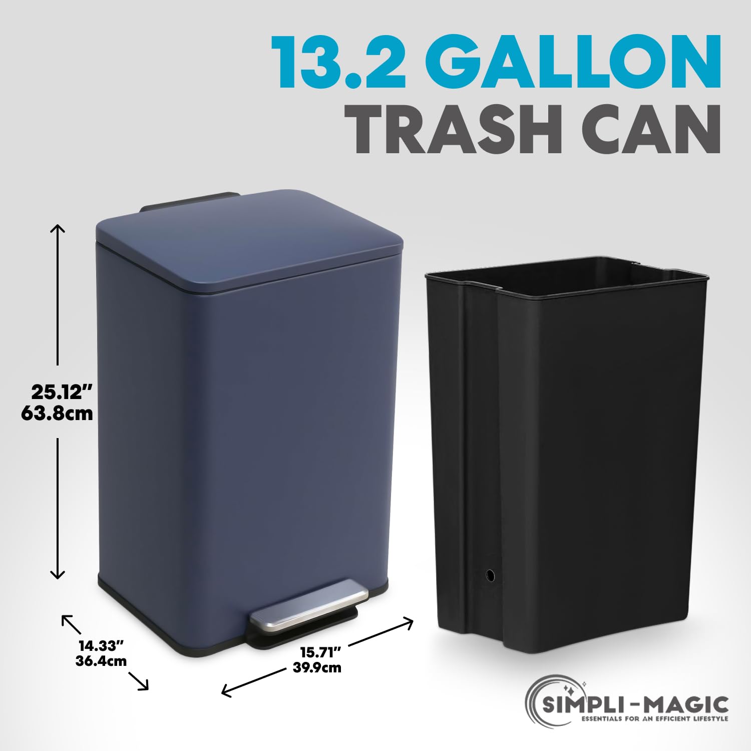 SIMPLI-MAGIC 50L trash can with hands-free foot pedal for hygienic bag changes.
