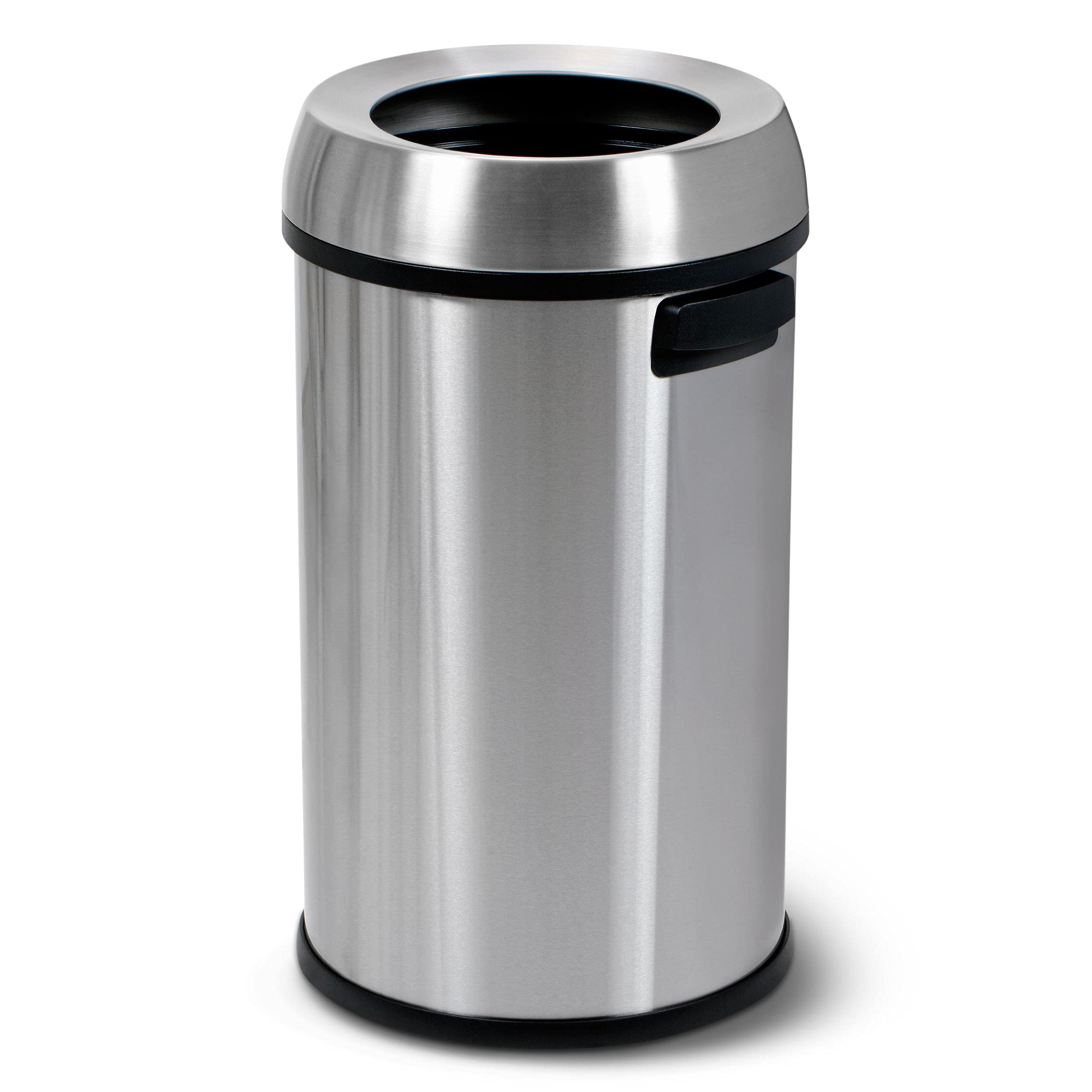 SIMPLI-MAGIC 65L open-top trash can in stainless steel for easy disposal.