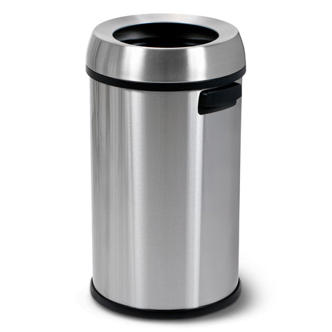 SIMPLI-MAGIC 65L open-top trash can in stainless steel for easy disposal.