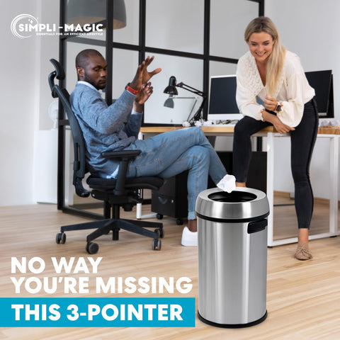 SIMPLI-MAGIC no-touch open-top reduces contact during trash disposal.