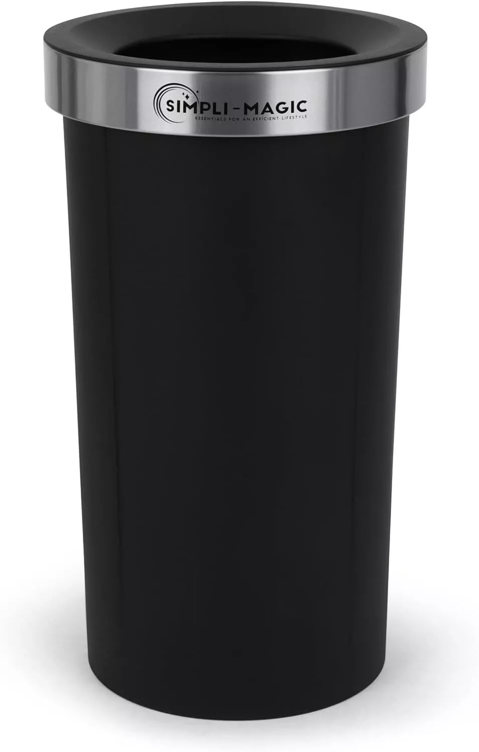 Simpli-Magic stainless steel trash can with lift-off lid for quick bag changes.